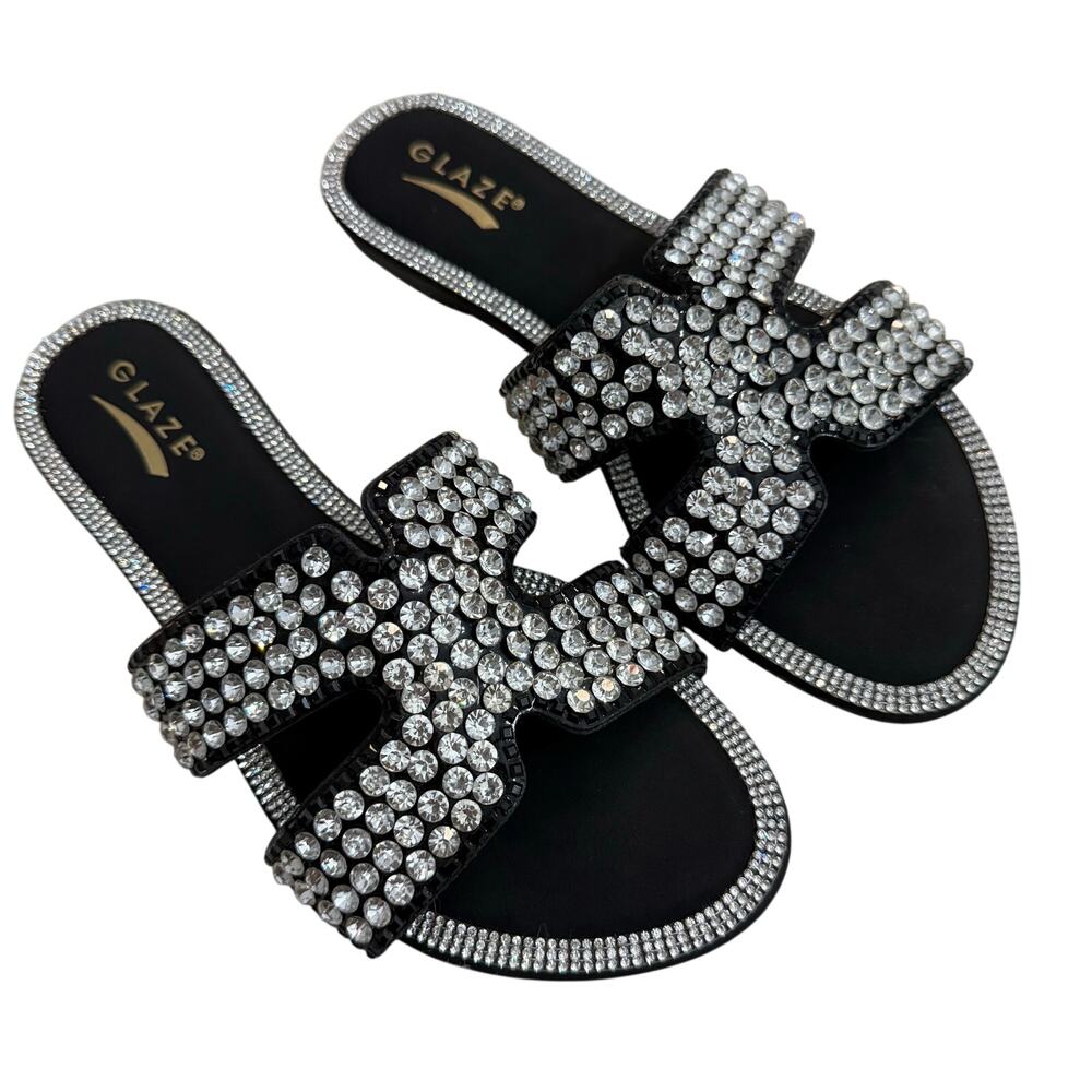 Glaze Honey-150 Rhinestone Double Strap Slides Black Size 7 NIB
